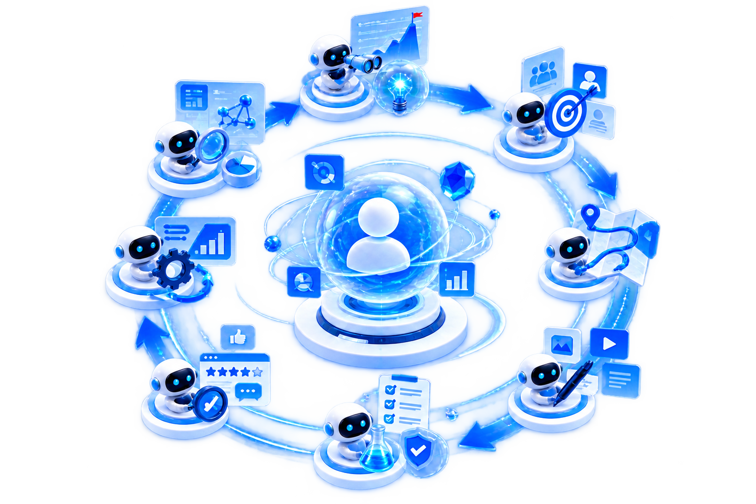 Illustration of Agentic CRM's eight AI agents collaborating to complete the customer-operations loop from strategy planning through campaign review