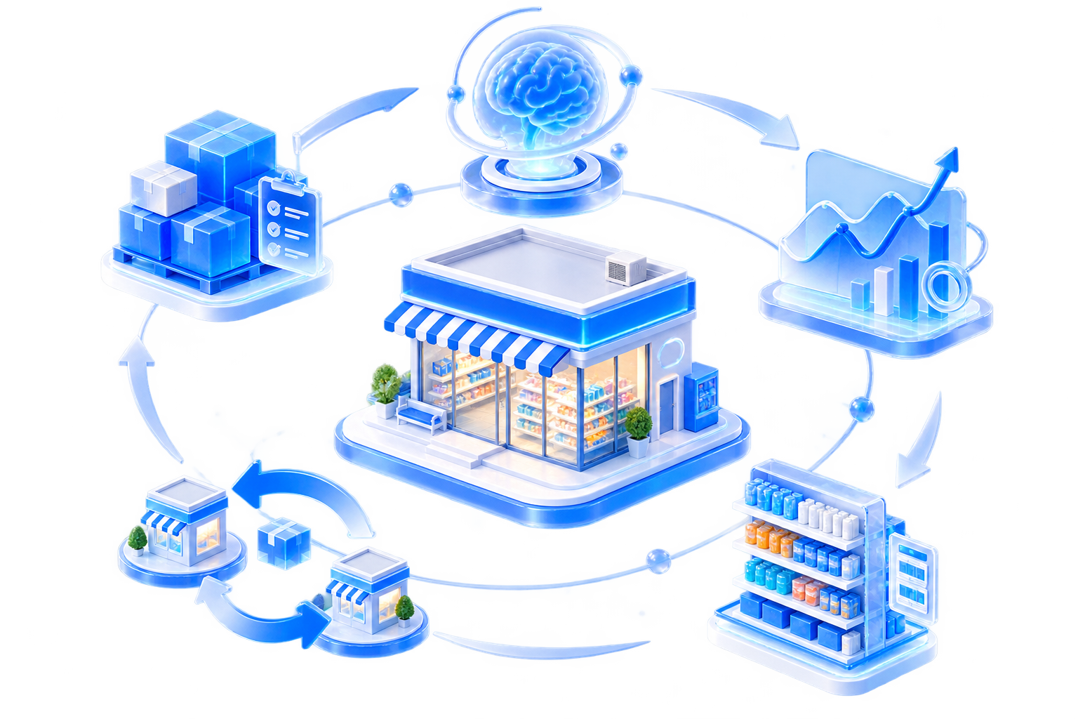 Abstract diagram of AI Channel Strategy generating replenishment, transfer, and merchandising decisions from store data