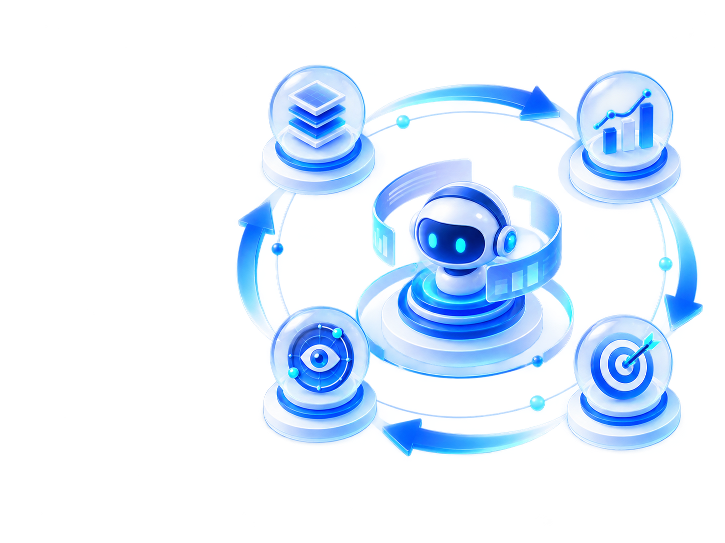 Illustration of AI agents connecting knowledge, insight, analysis, and goal execution in a collaborative loop