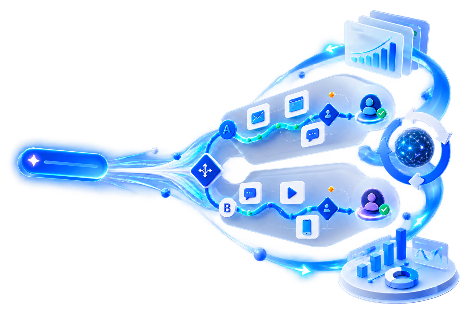 AI Journey: after a marketing goal is entered, AI automatically generates a journey-canvas plan with branch logic and multi-wave outreach