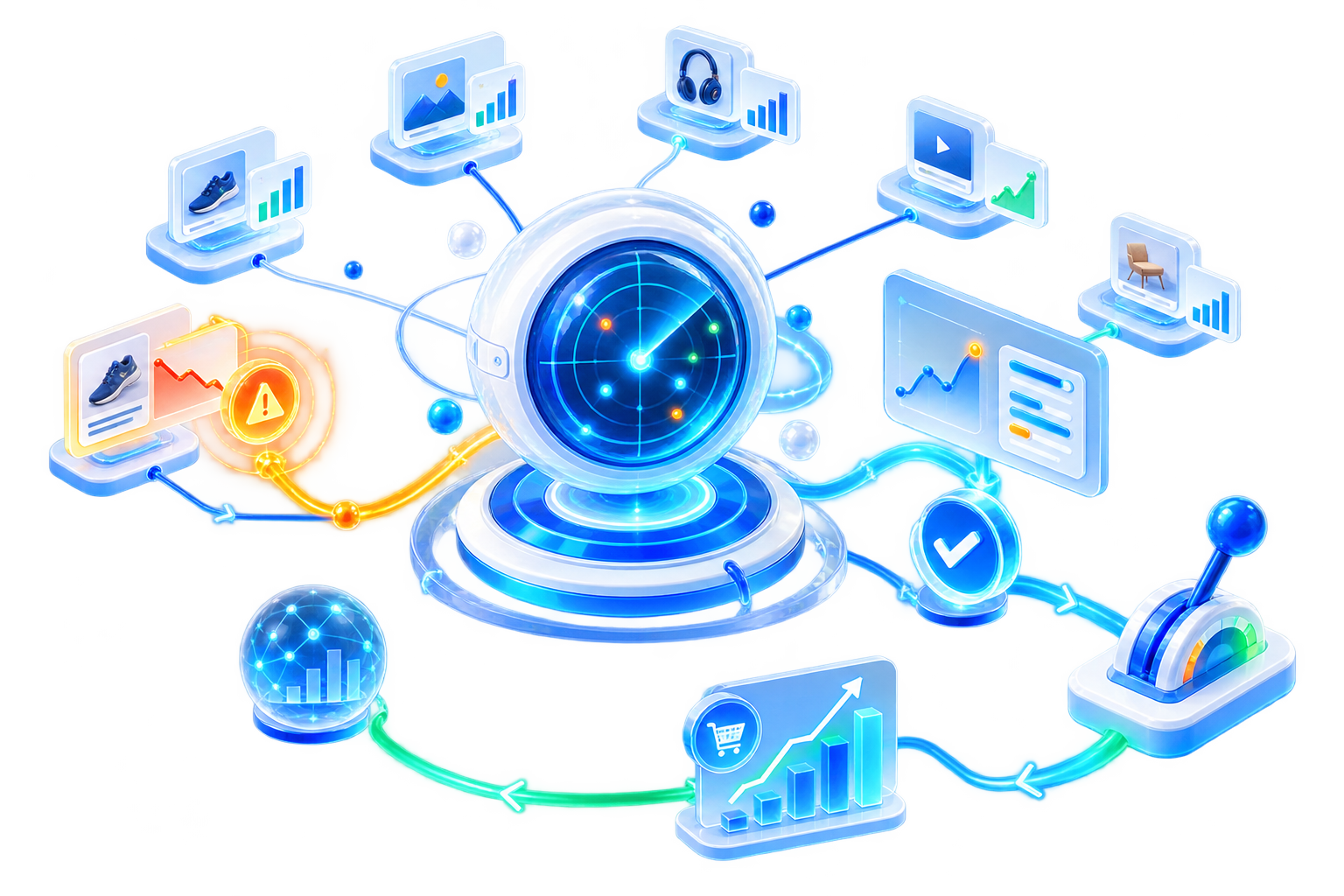 Abstract diagram of AI monitoring ad campaigns in real time, spotting anomalies, and driving strategy optimization