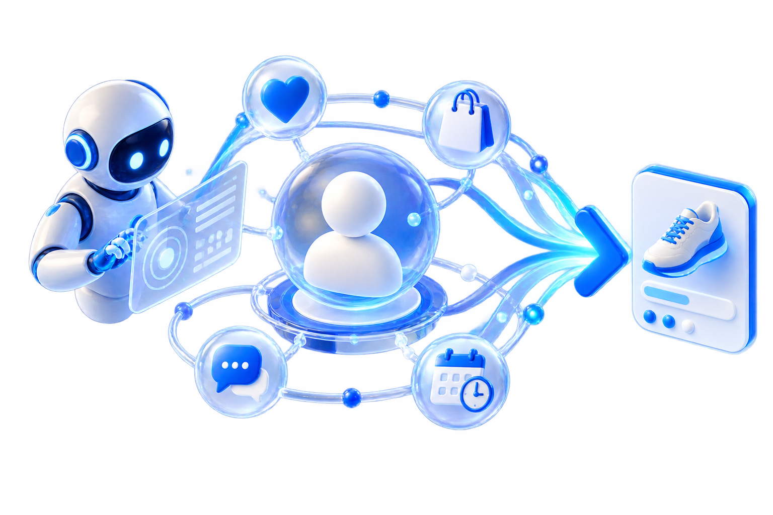 Abstract diagram of AI assembling customer preference, purchase, conversation, and follow-up signals to generate the next recommendation