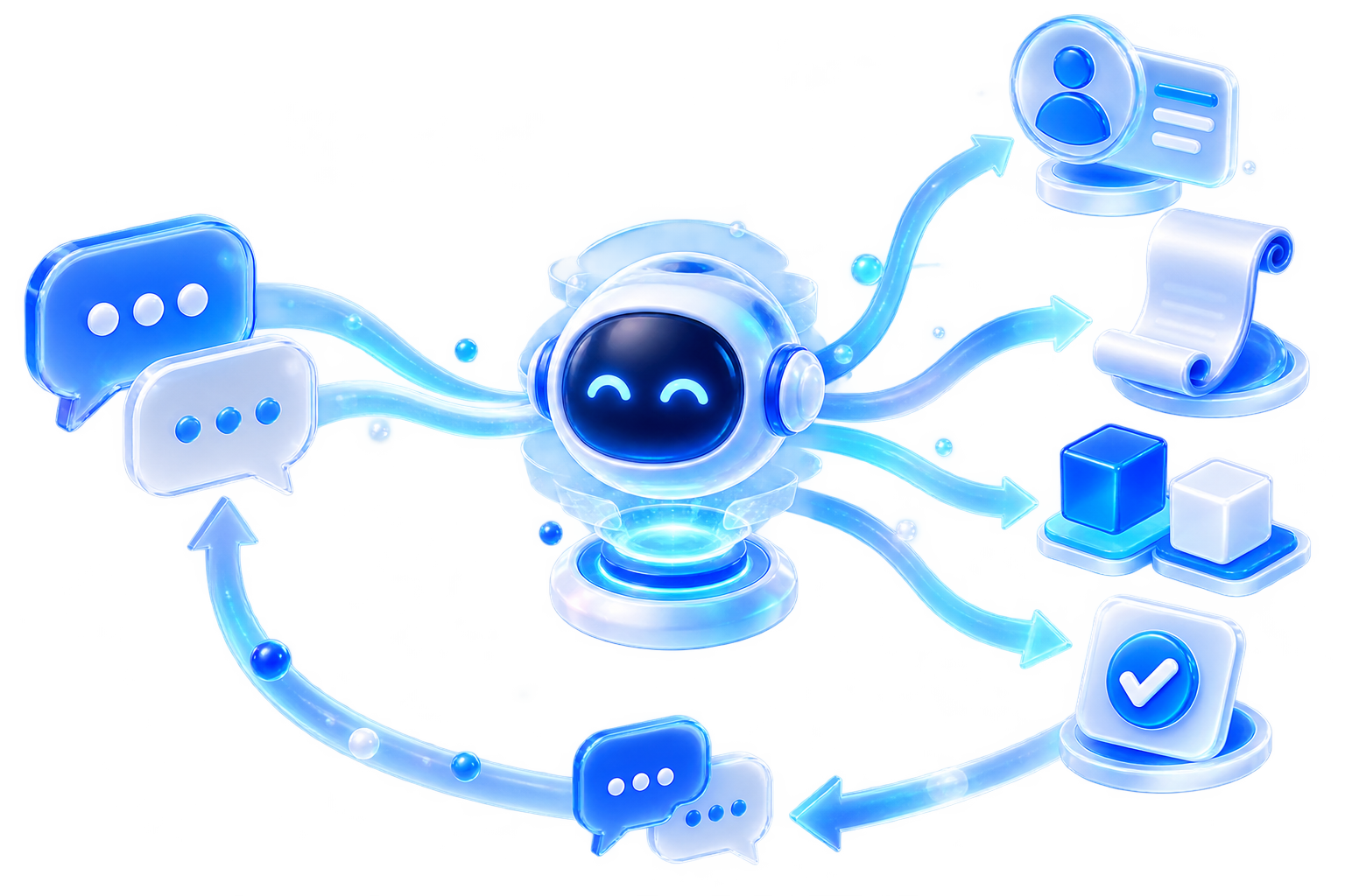 Abstract diagram of AI turning sales and service conversations into customer insight, talking points, and follow-up strategy