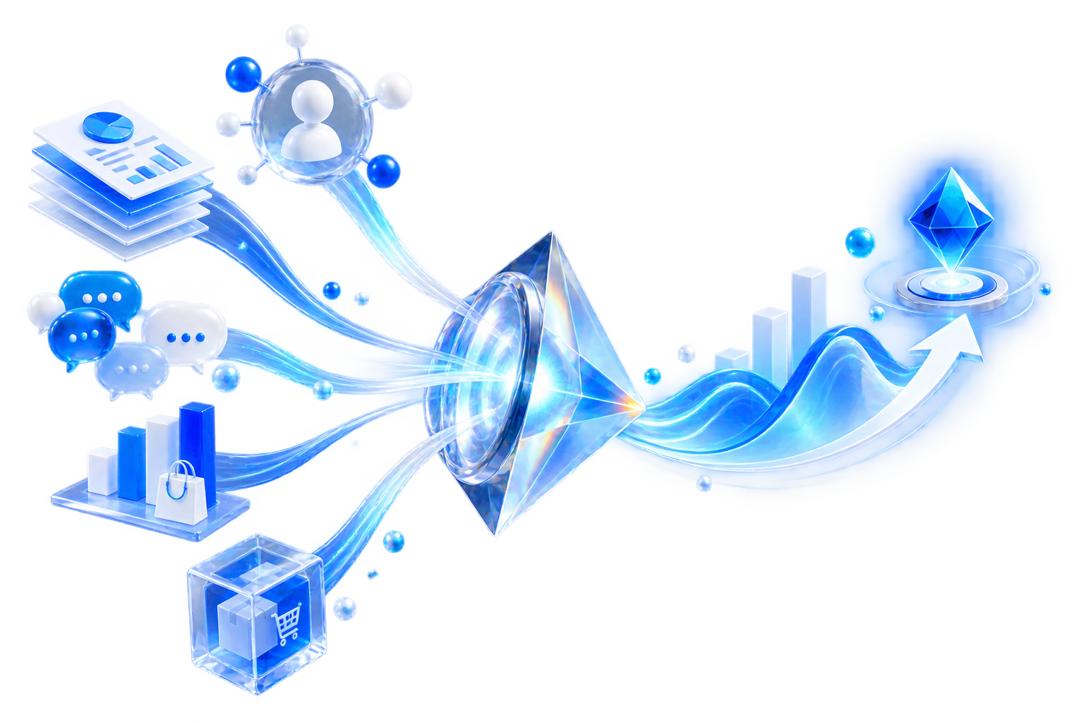 Abstract diagram of AI assembling multi-source market signals and identifying trends and new-product opportunities