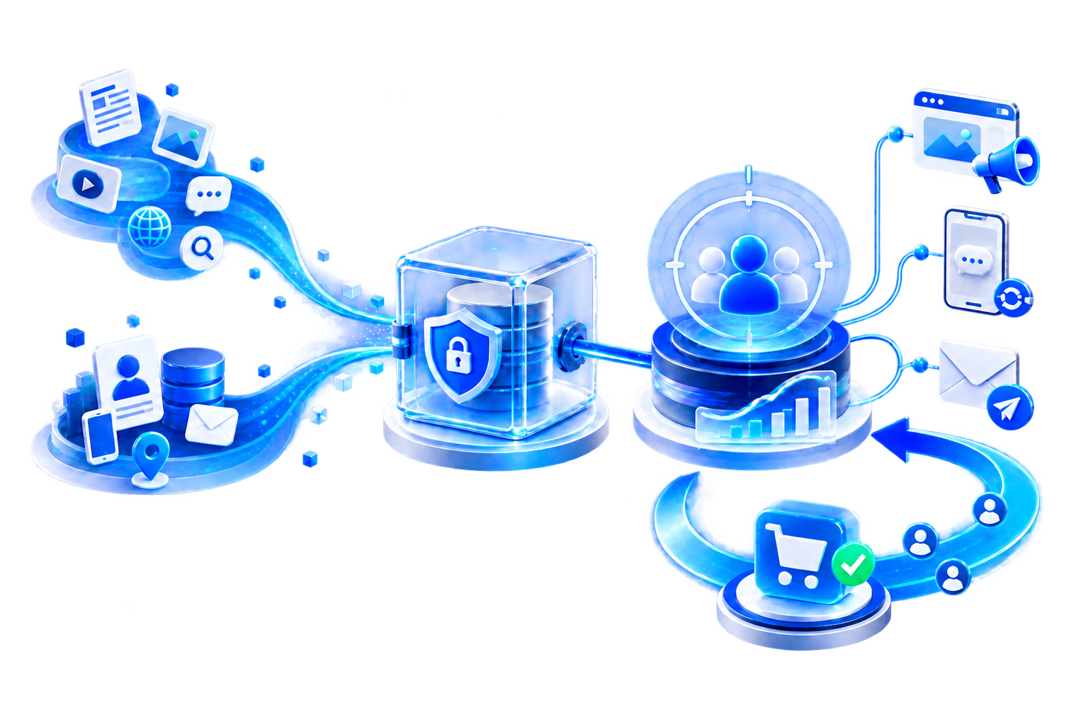 Diagram of Full-Funnel Attribution fusing public content-community data with first-party brand data and completing attribution in a clean-room environment