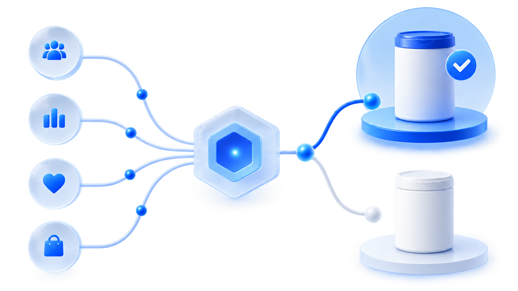 Abstract illustration of multi-source market and consumer signals being distilled into an innovative product concept through AI strategy